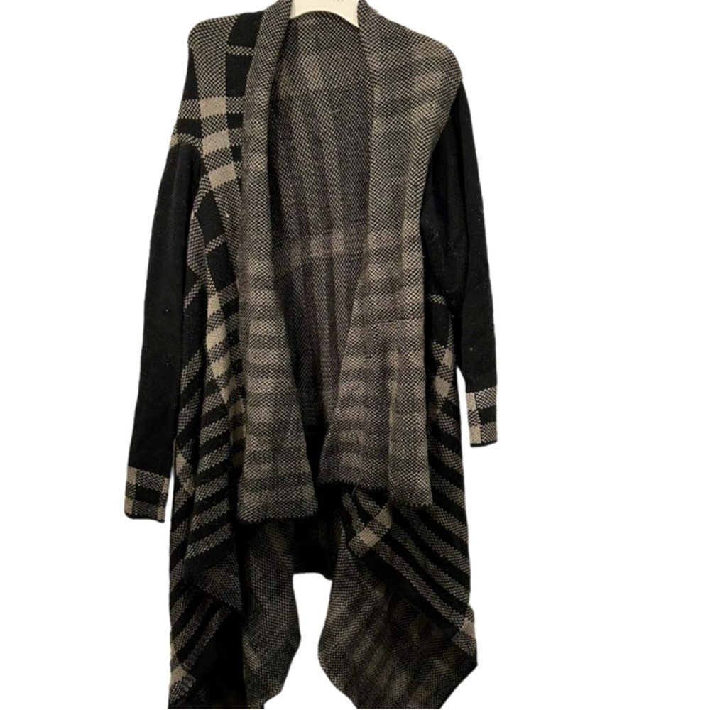 Attitudes by Renee black gray houndstooth plaid waterfall DUSTER sweater…